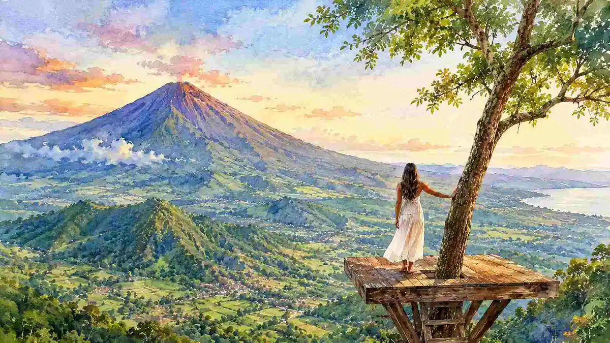 A woman stands on a wooden platform beside a tree above a Balinese valley, a volcano rising in the distance at sunrise.