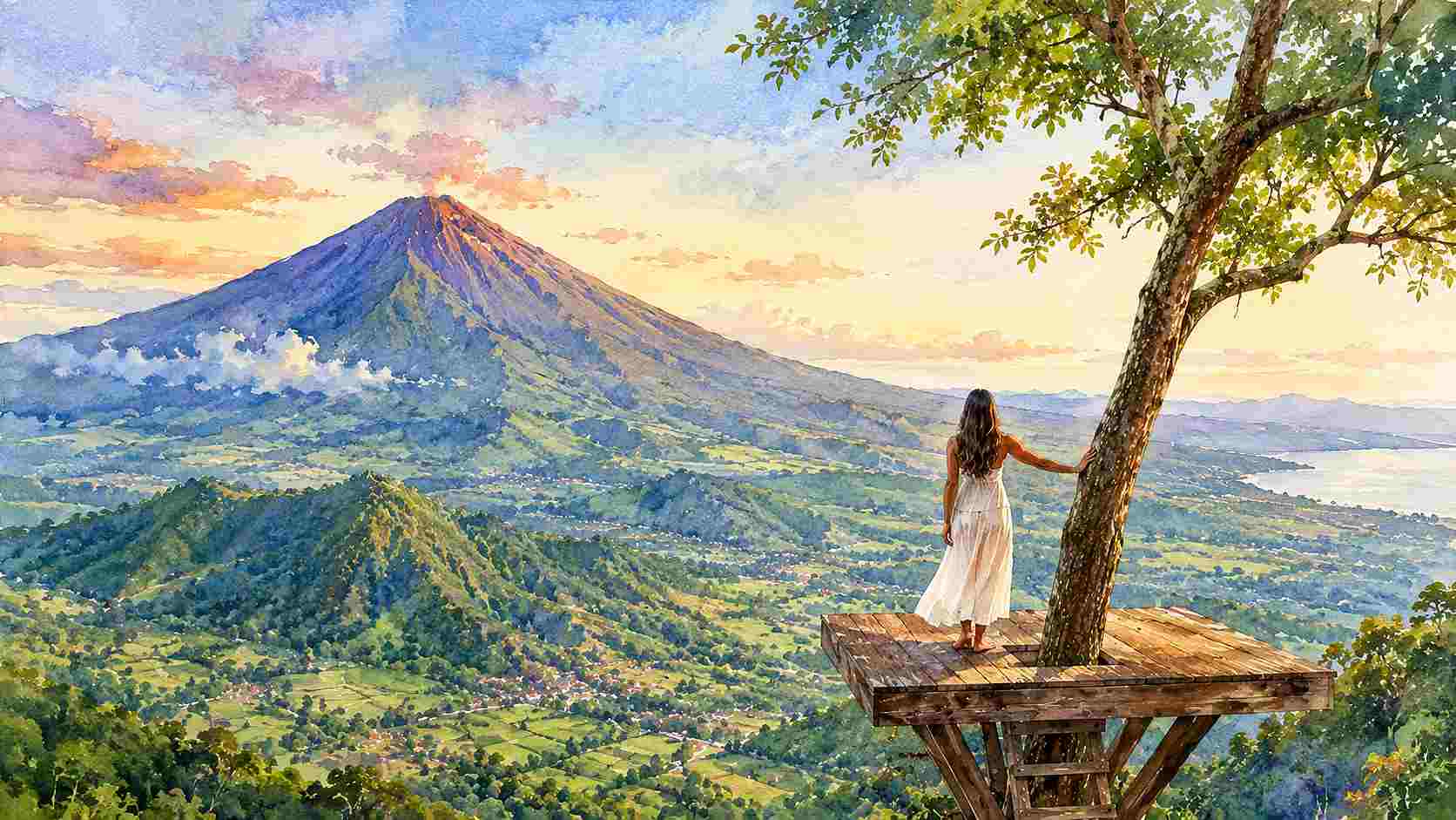 Watercolour illustration of a woman standing on a wooden viewing platform beside a tree, looking out over a green Balinese valley with a volcano at sunrise. AI-generated image.