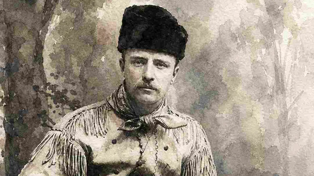 AI-generated watercolor portrait of Theodore Roosevelt in a fringed buckskin hunting suit and fur cap, seated with a rifle across his lap.