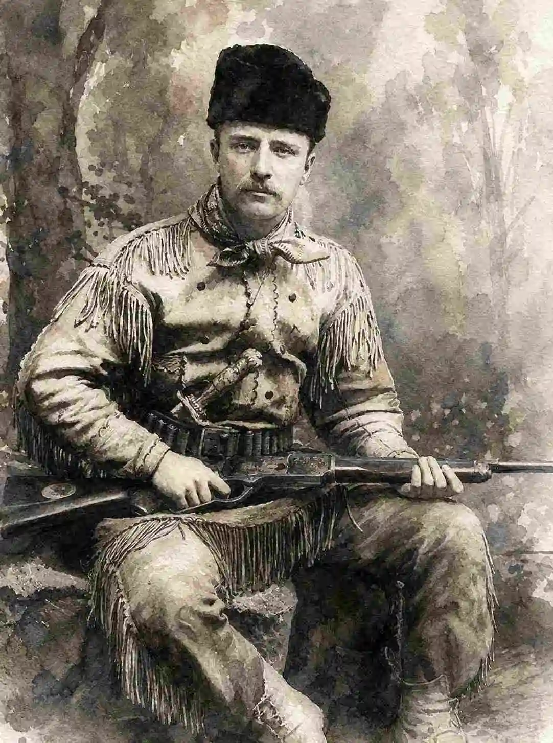 AI-generated watercolor portrait of Theodore Roosevelt in a fringed buckskin hunting suit and fur cap, seated with a rifle across his lap.