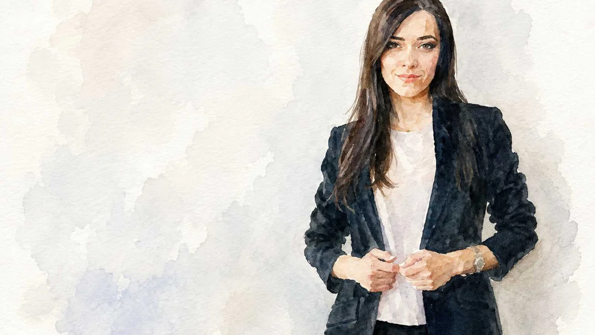 Watercolor-style AI-generated portrait of a young woman in a dark blazer against a pale, washed background.