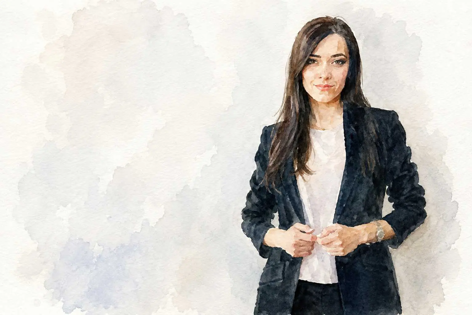 Watercolor-style AI-generated portrait of a young woman in a dark blazer against a pale, washed background.