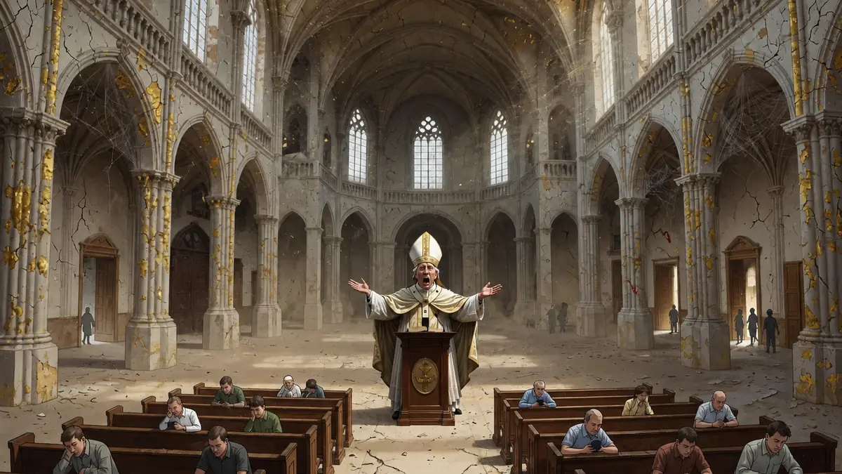 A dramatic preacher standing at a pulpit inside a ruined cathedral, with people seated in pews beneath tall arches and dusty light.