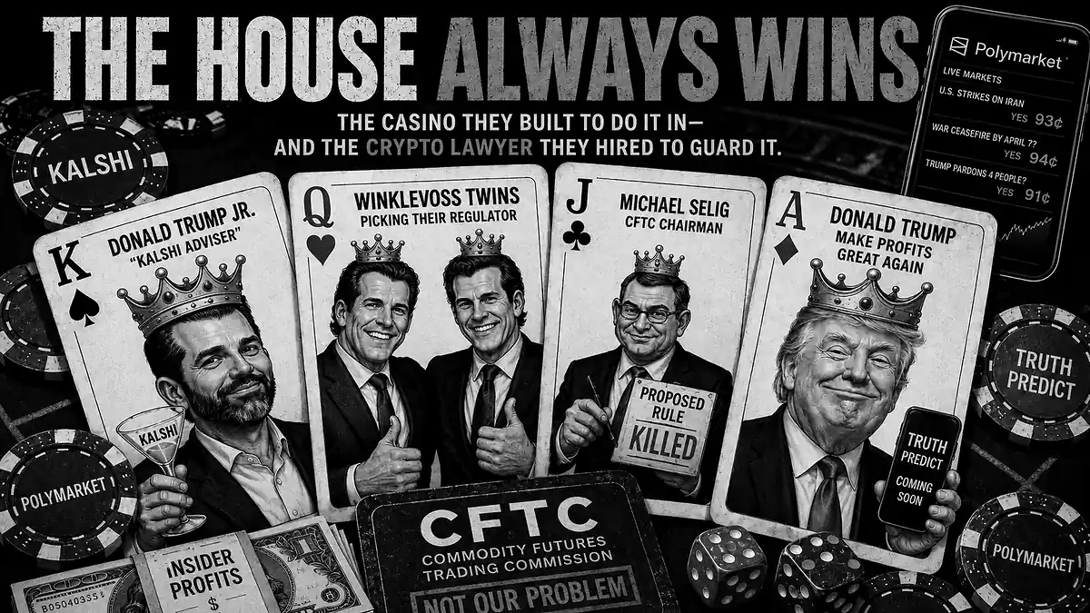 Cards depicting Donald Trump, Donald Trump Jr., the Winklevoss Twins, and CFTC Chairman Michael Selig.