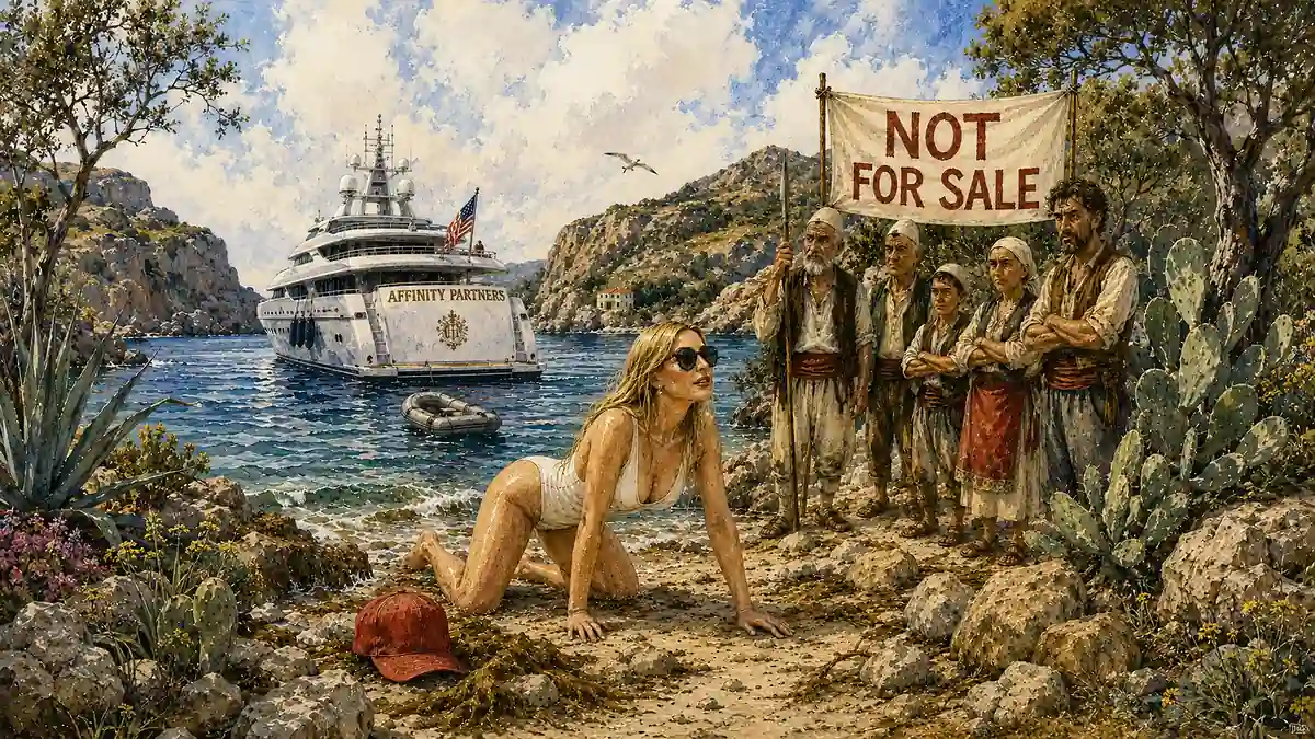 AI rendering of Ivanka Trump in a bathing suit crawling onto a beach in Albania