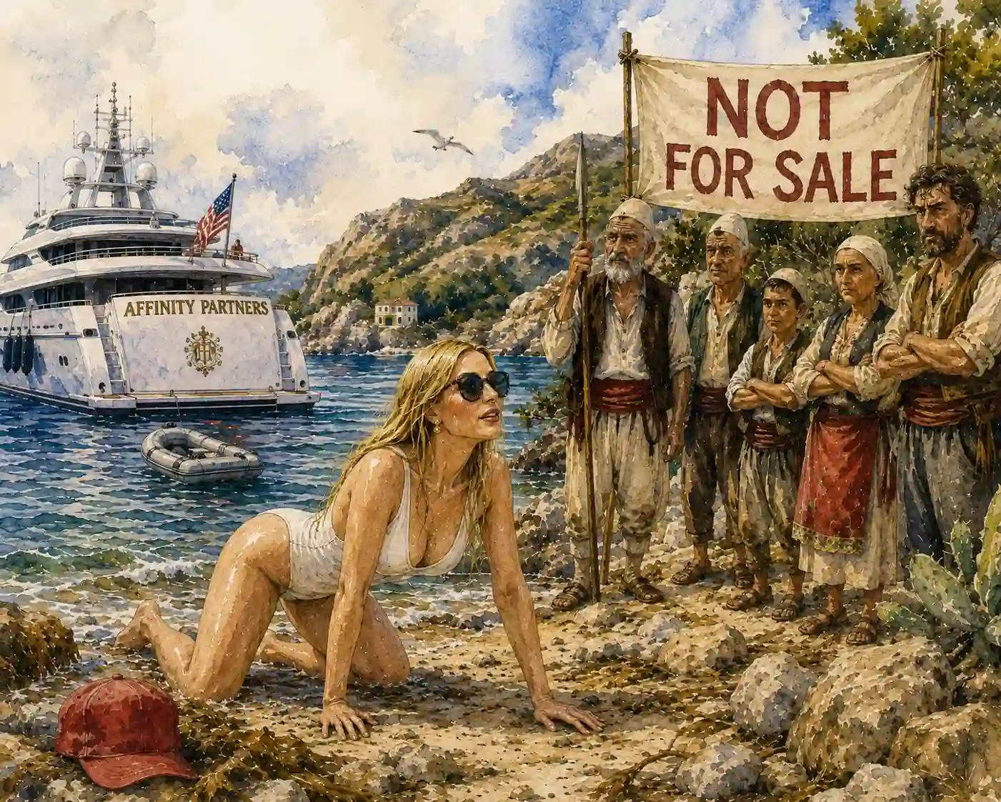 AI-generated illustration of Ivanka Trump in a bathing suit crawling onto a beach in Albania