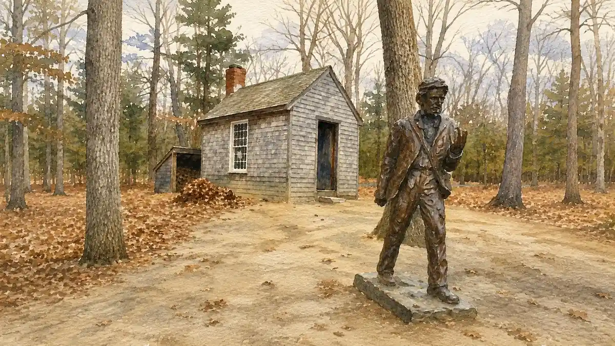 AI-generated illustration of Henry David Thoreau's statue and cabin replica at Walden Pond