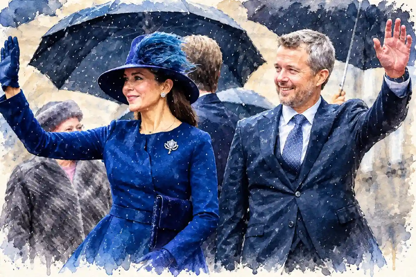 King Frederik X and Queen Mary of Denmark waving in the snow