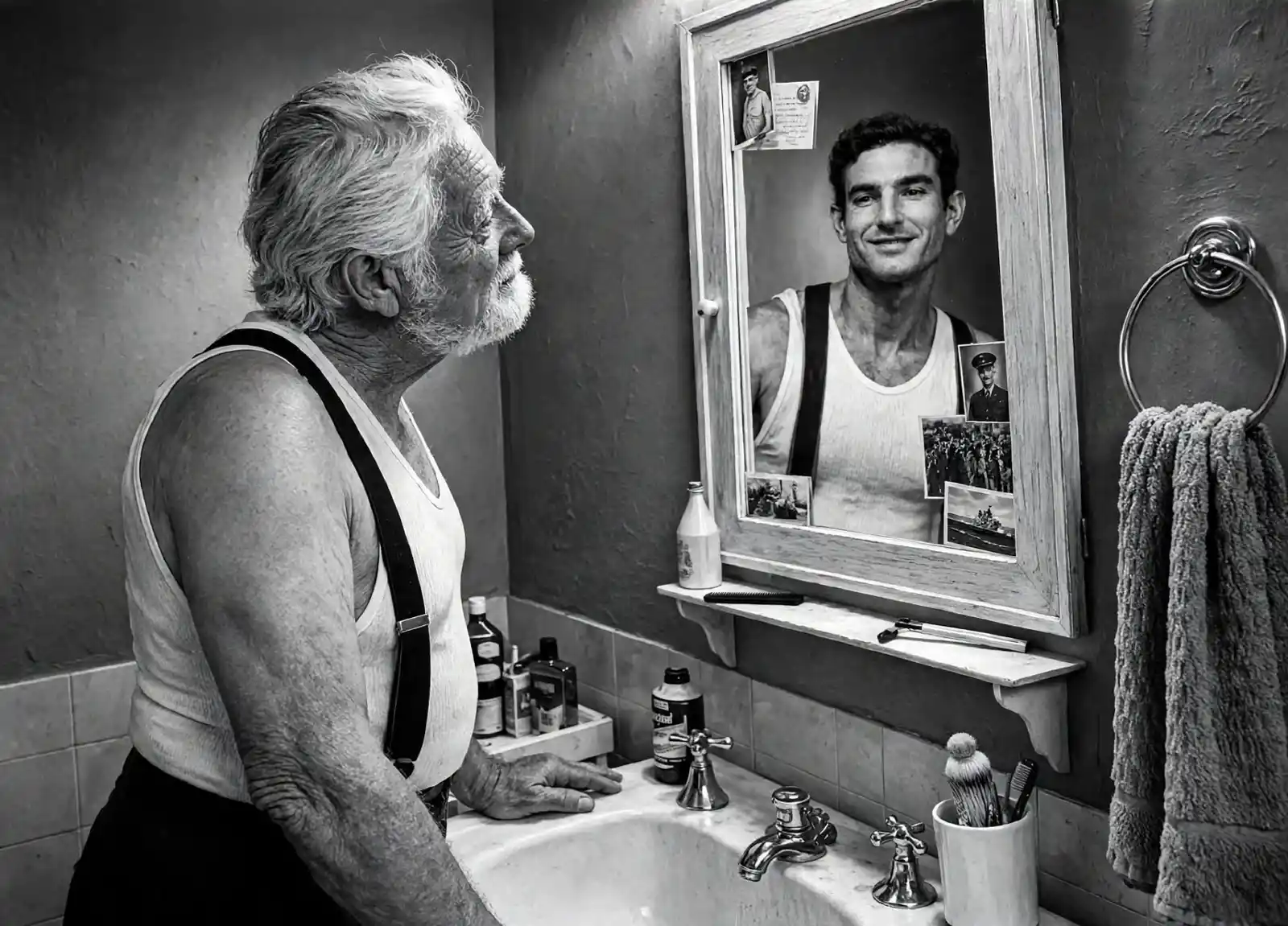 An older man looks in a mirror and sees his younger self reflected back