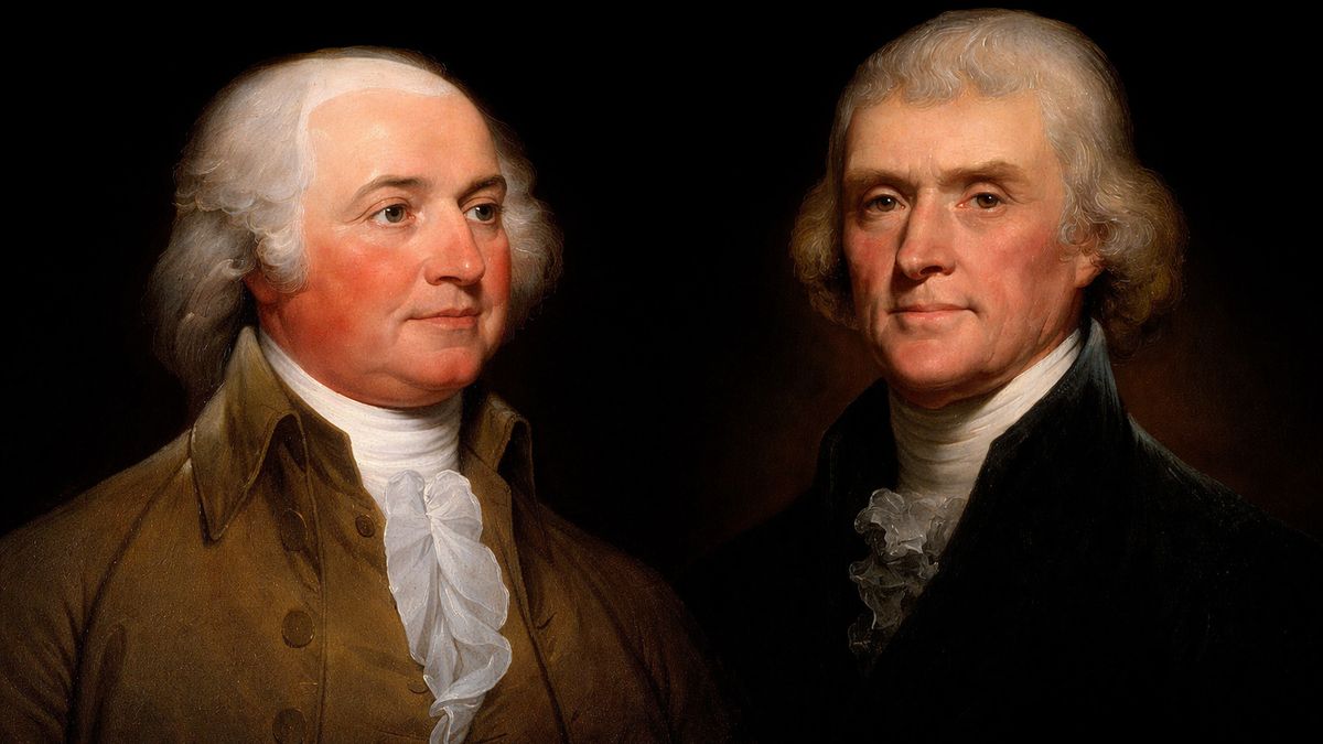 AI-generated portrait of George Washington and Thomas Jefferson. Charlatan Magazine.