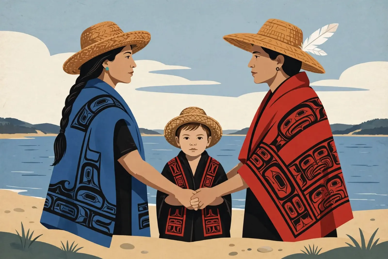 Illustration of two Native women in cedar hats and formline blankets holding hands, a small child between them on a beach