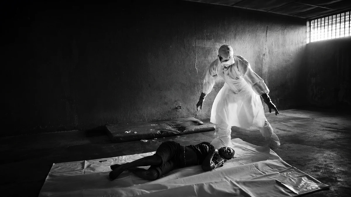 AI-generated image of a body removal team preparing a body during the 2014 Ebola outbreak in Liberia