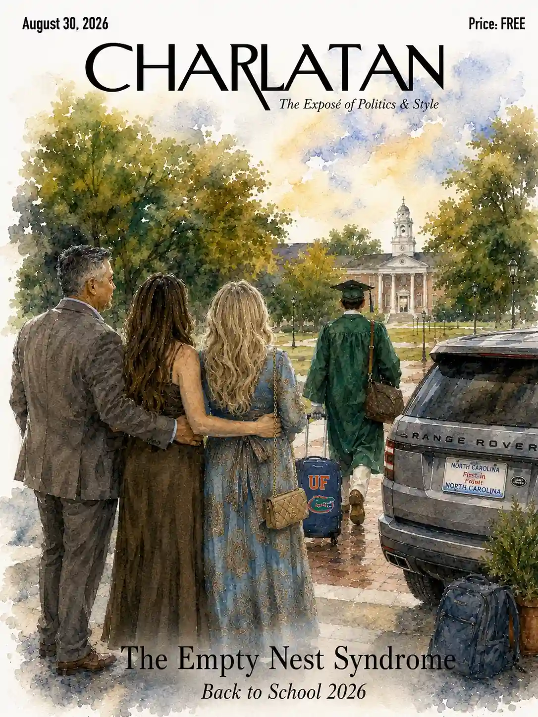 Charlatan Magazine cover for Back to School 2026, a mother alone in her son's emptied bedroom on the morning he leaves for college.