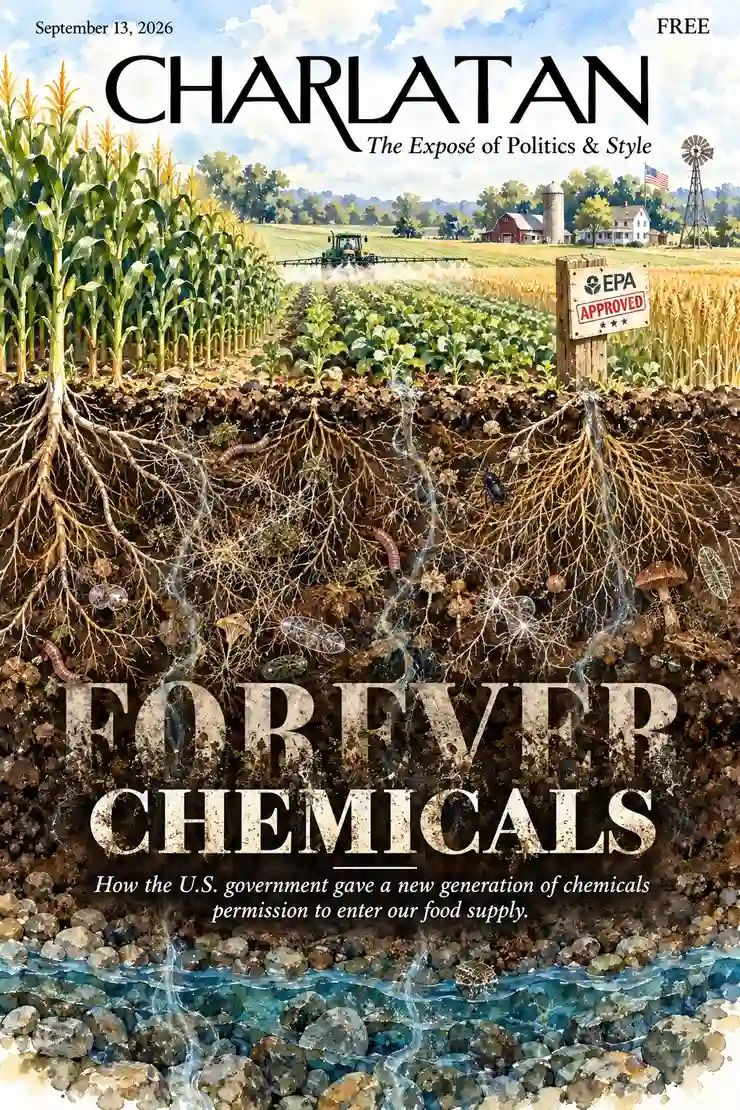Charlatan Magazine cover for Forever Chemicals, on the EPA's approval of three PFAS pesticides
