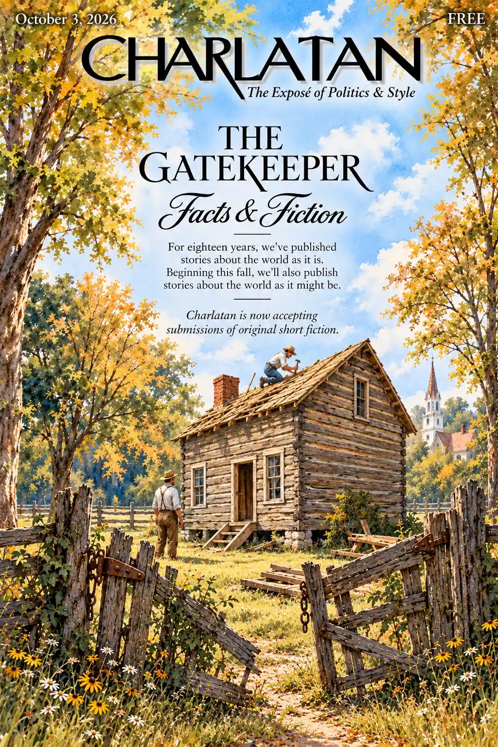 Charlatan cover, October 3, 2026: The Gatekeeper, Facts and Fiction, announcing that Charlatan now accepts original short fiction, over a watercolor of a man repairing the roof of a log cabin behind a broken wooden gate. AI-generated image.