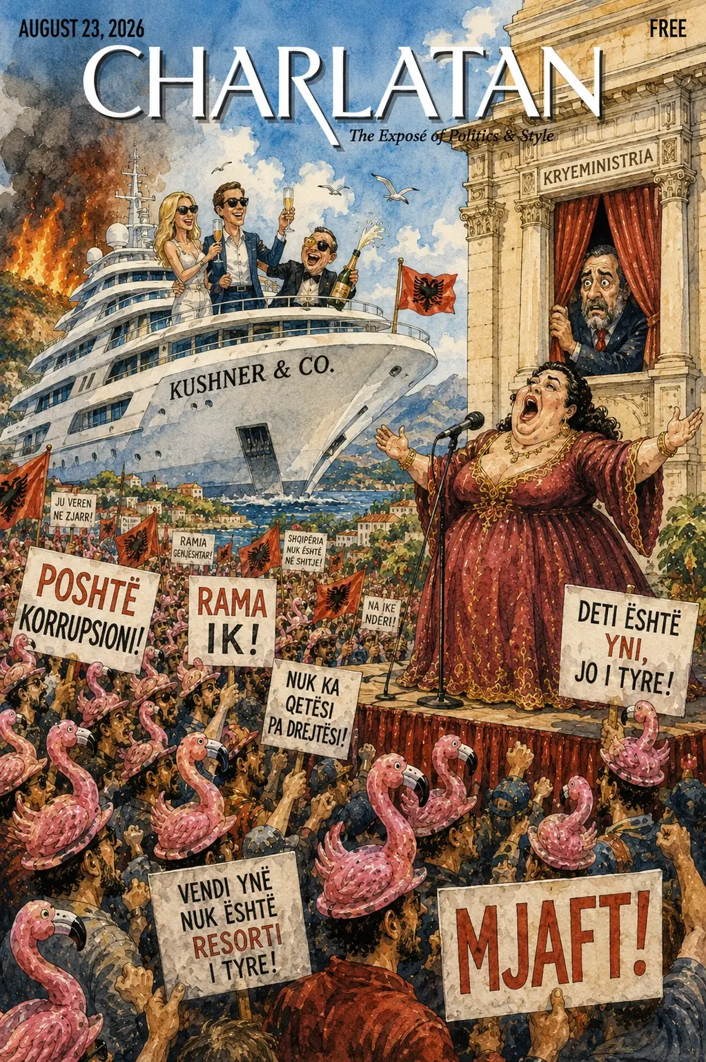 AI illustration of the Kushners arriving in Albania aboard their yacht