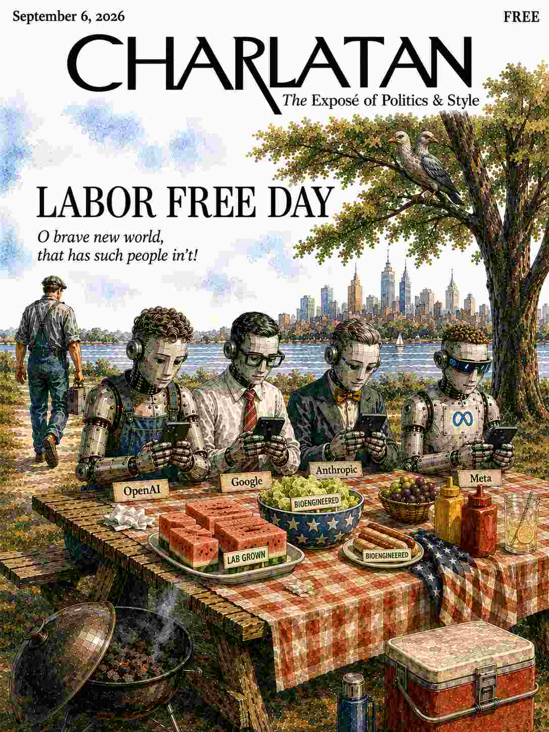 AI-generated Charlatan cover: four robots labelled OpenAI, Google, Anthropic and Meta at a Labor Day picnic table on their phones as a human worker in overalls walks away.