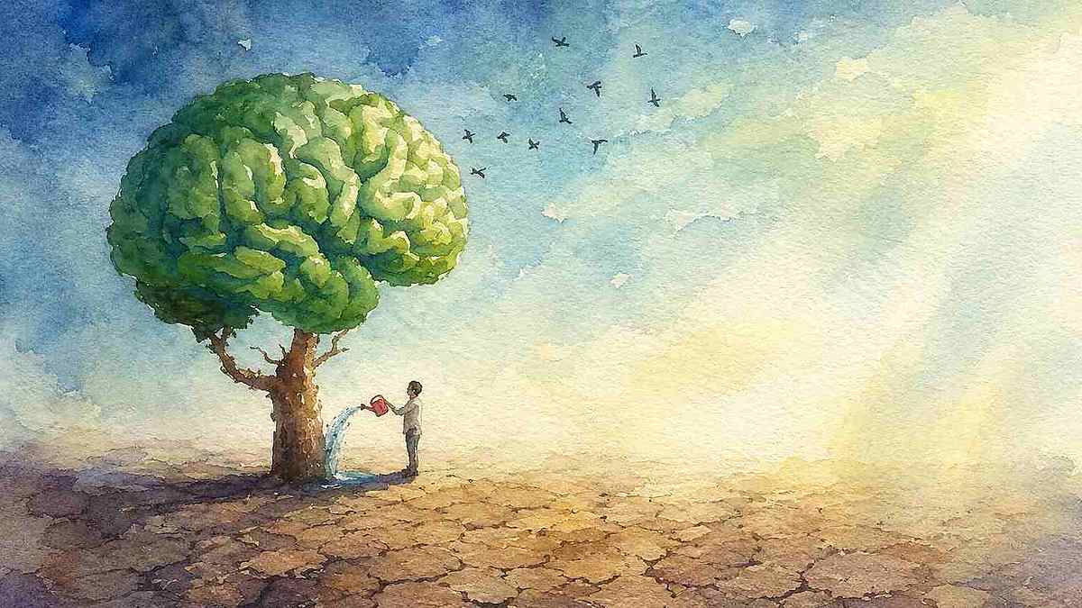 watercolor of man watering a tree