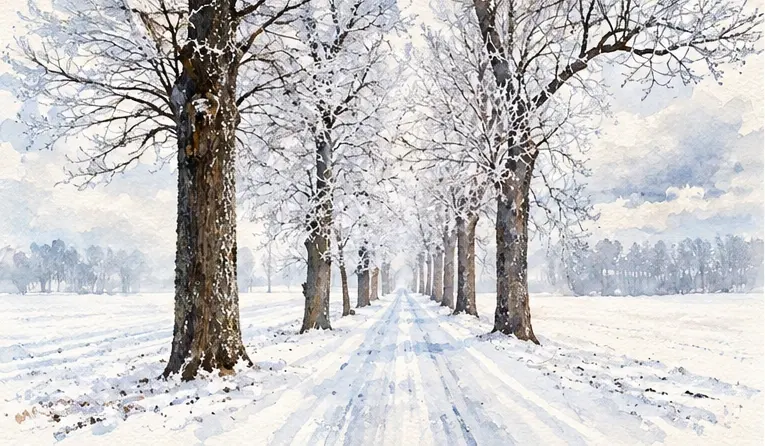 tree lined street in snow
