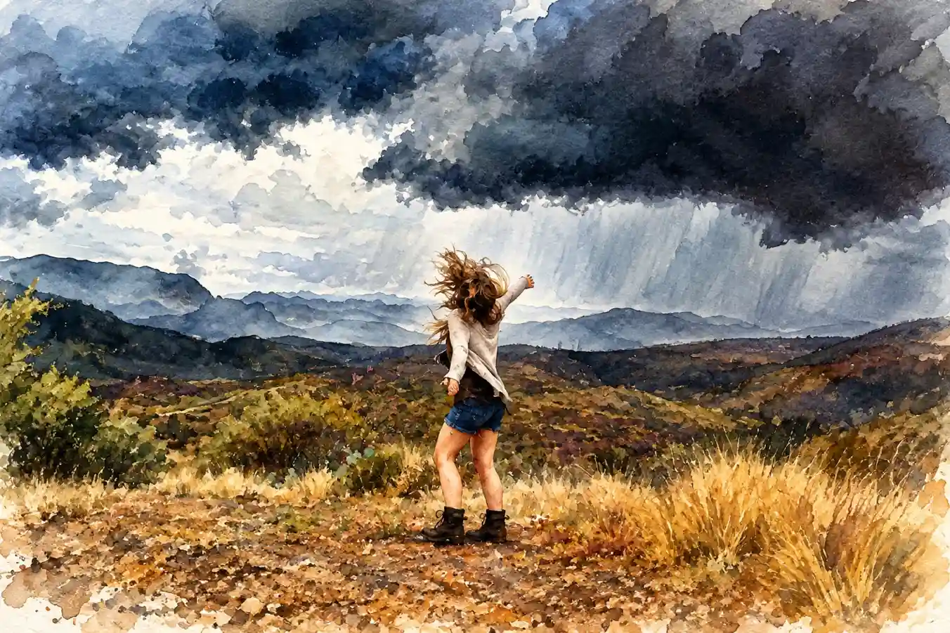 Watercolor of a woman with windblown hair reaching toward a dark rain storm over hills and dry grass