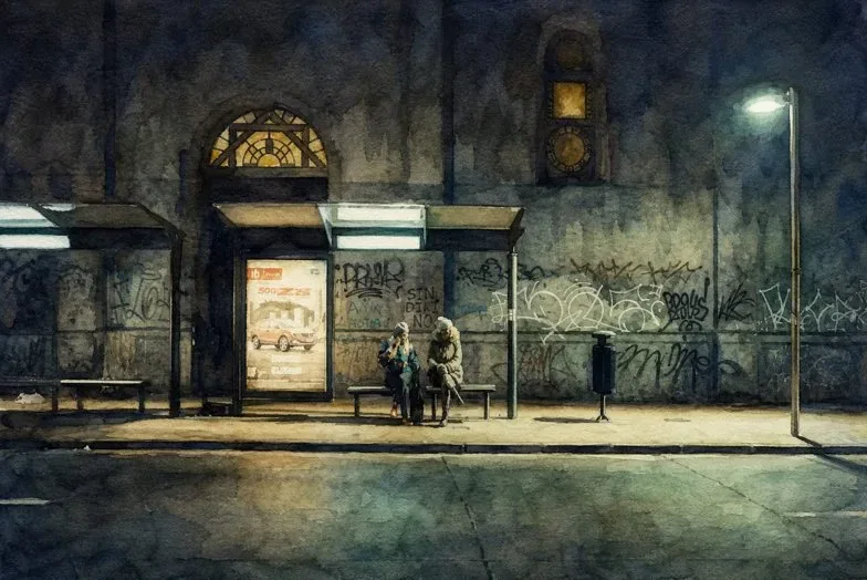 Watercolor of two people sitting on a bench in a lit bus shelter at night, before a graffiti-covered wall and a streetlamp
