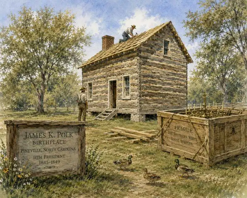 Watercolor of the James K. Polk birthplace log cabin in Pineville, North Carolina, with a crated gold chandelier and ducks in the yard. AI-generated image.