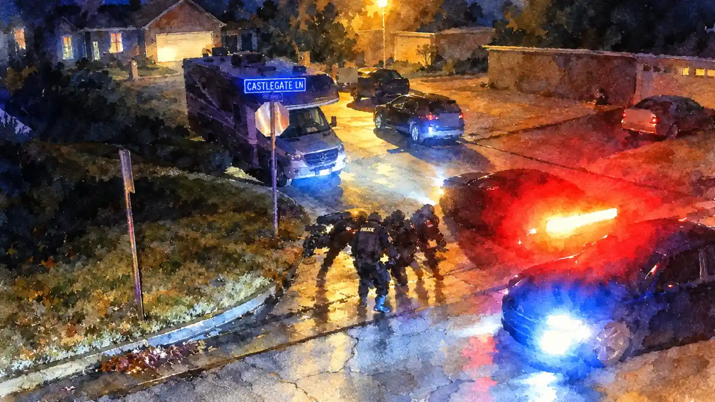 Police in tactical vests aim lights at a Castlegate Ln street corner at night, flashing patrol cars and an RV nearby