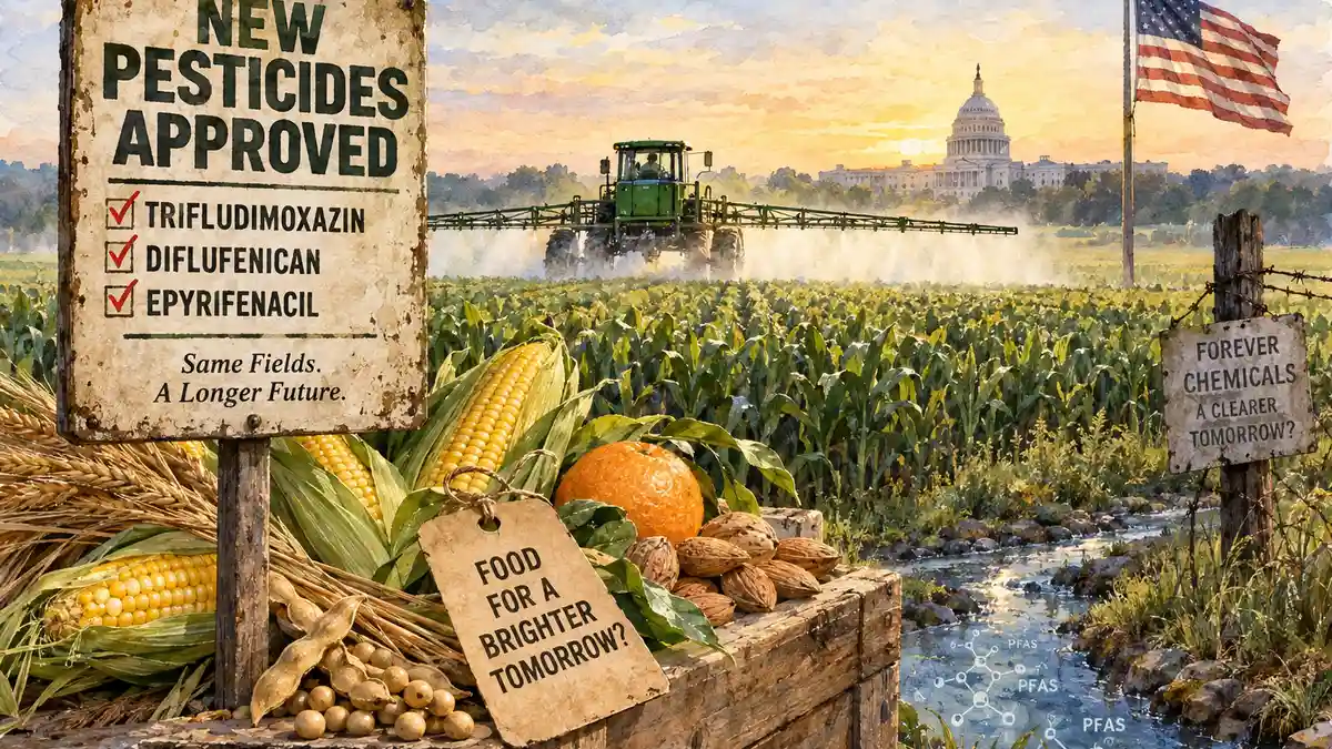 AI-generated image of a farmers market stall with a sign announcing newly approved pesticides