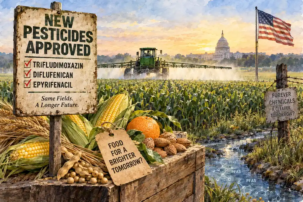 AI-generated image of a farmers market stall with a sign announcing newly approved pesticides