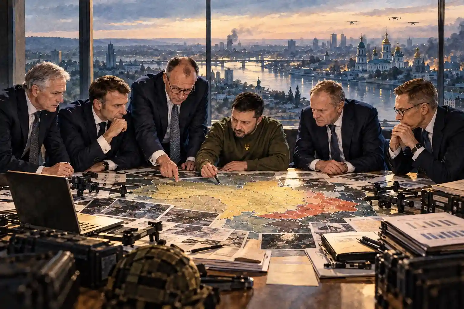 Watercolor of leaders in suits and a man in an olive trident sweater studying a war map, a domed riverside city at dusk behind