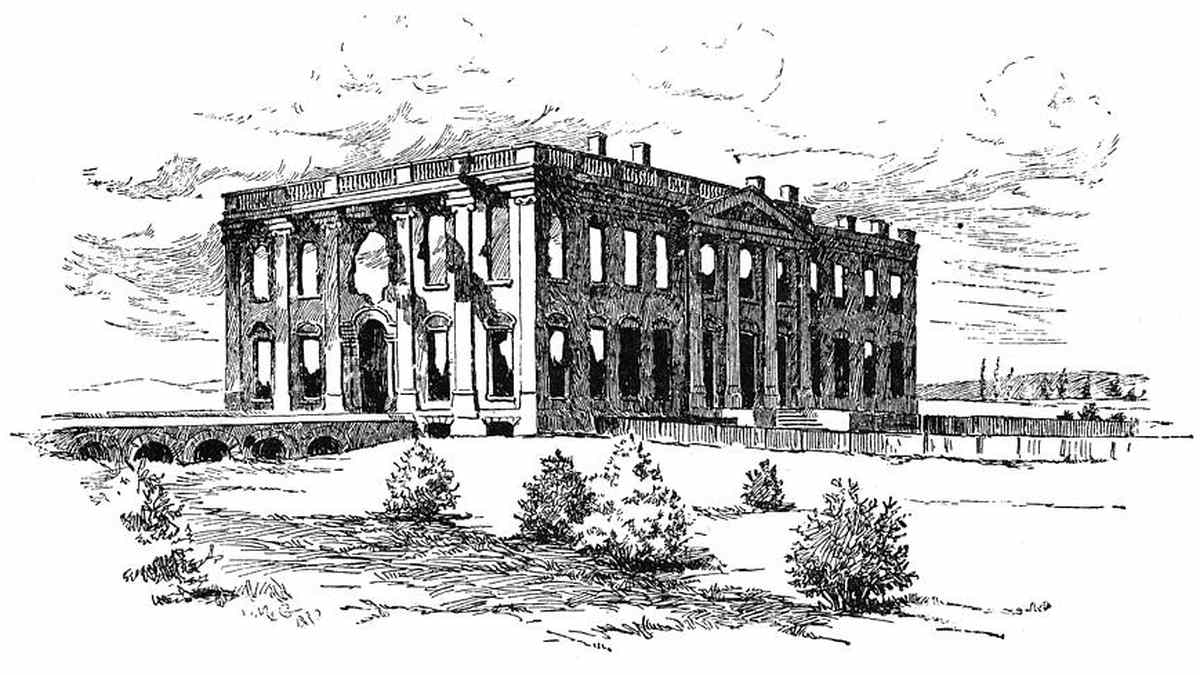 AI illustration of the ruins of the White House following the Burning of Washington by British forces on August 24, 1814, during the War of 1812