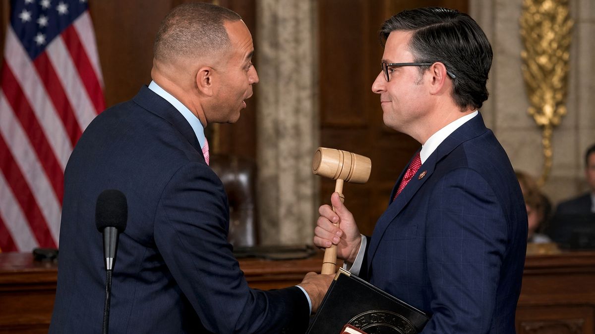 AI illustration of Speaker Mike Johnson and Hakeem Jeffries