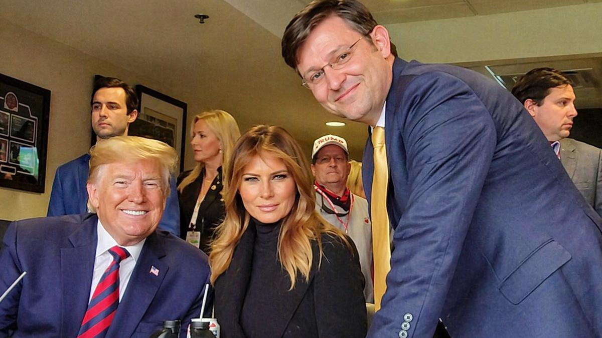 AI illustration of Mike Johnson and the Trumps at the Trump impeachment inquiry