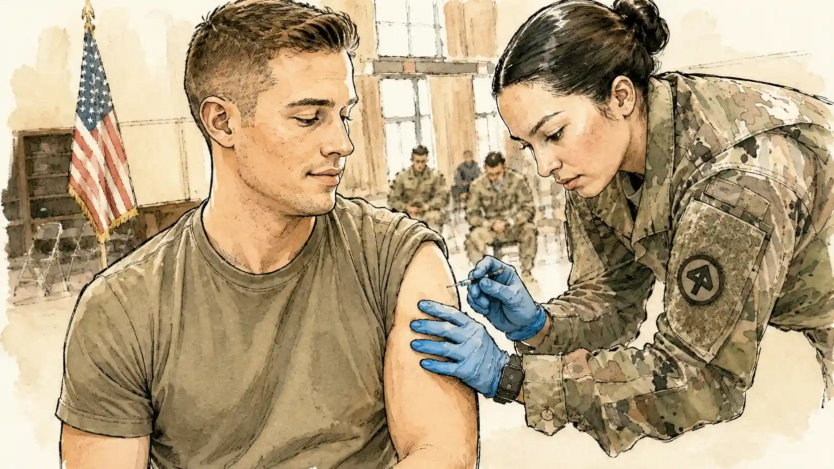 AI-generated image of a soldier receiving a shot from a nurse during a military health screening