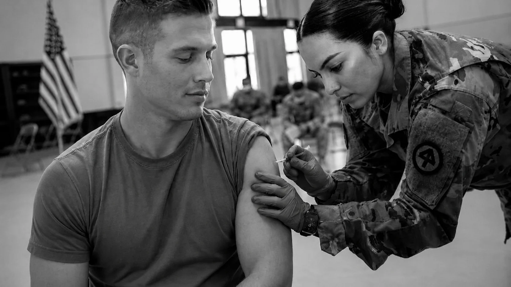AI-generated image of a soldier receiving an injection from a military nurse