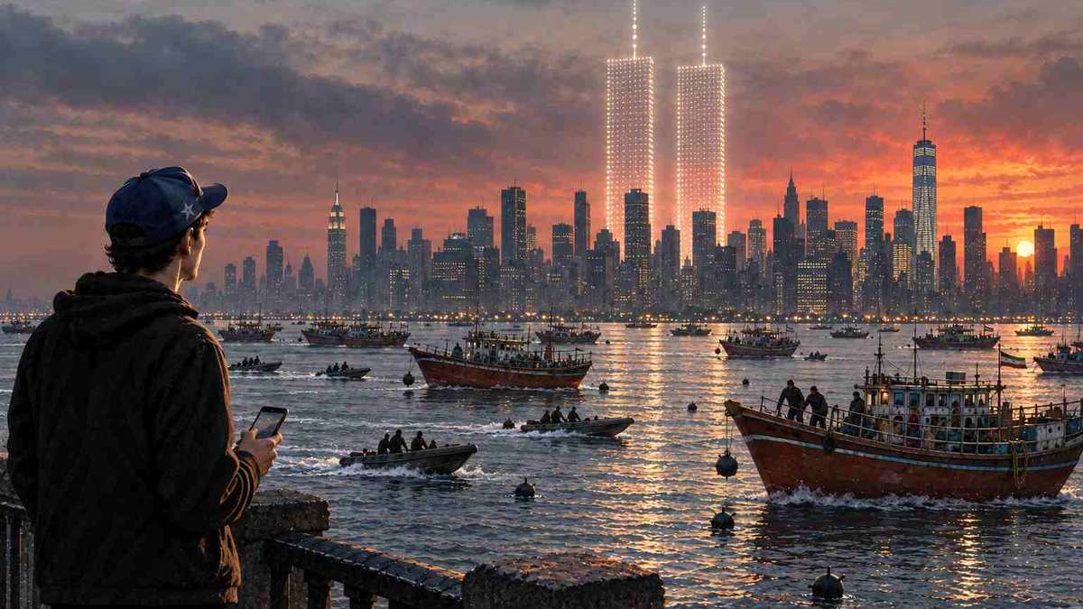 AI-generated image of a man looking across the water toward the Twin Towers outlined in tribute lights where they once stood