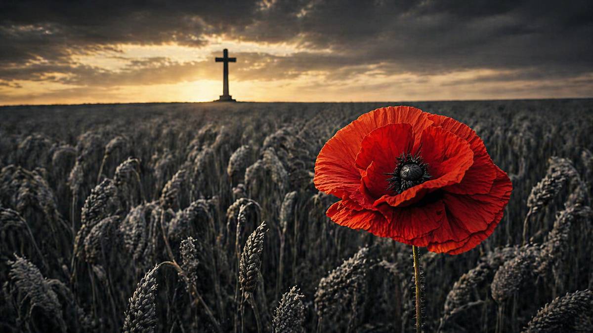 AI illustration of a field of red poppies with a cross in the background