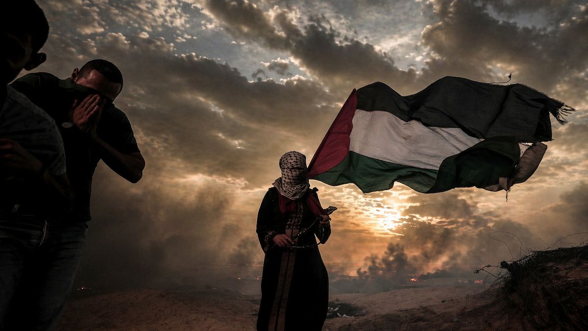 AI illustration of a Palestinian waving the Palestinian flag