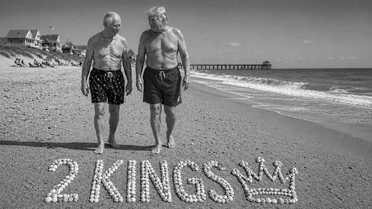 AI illustration of President Trump and King Charles III walking on the beach