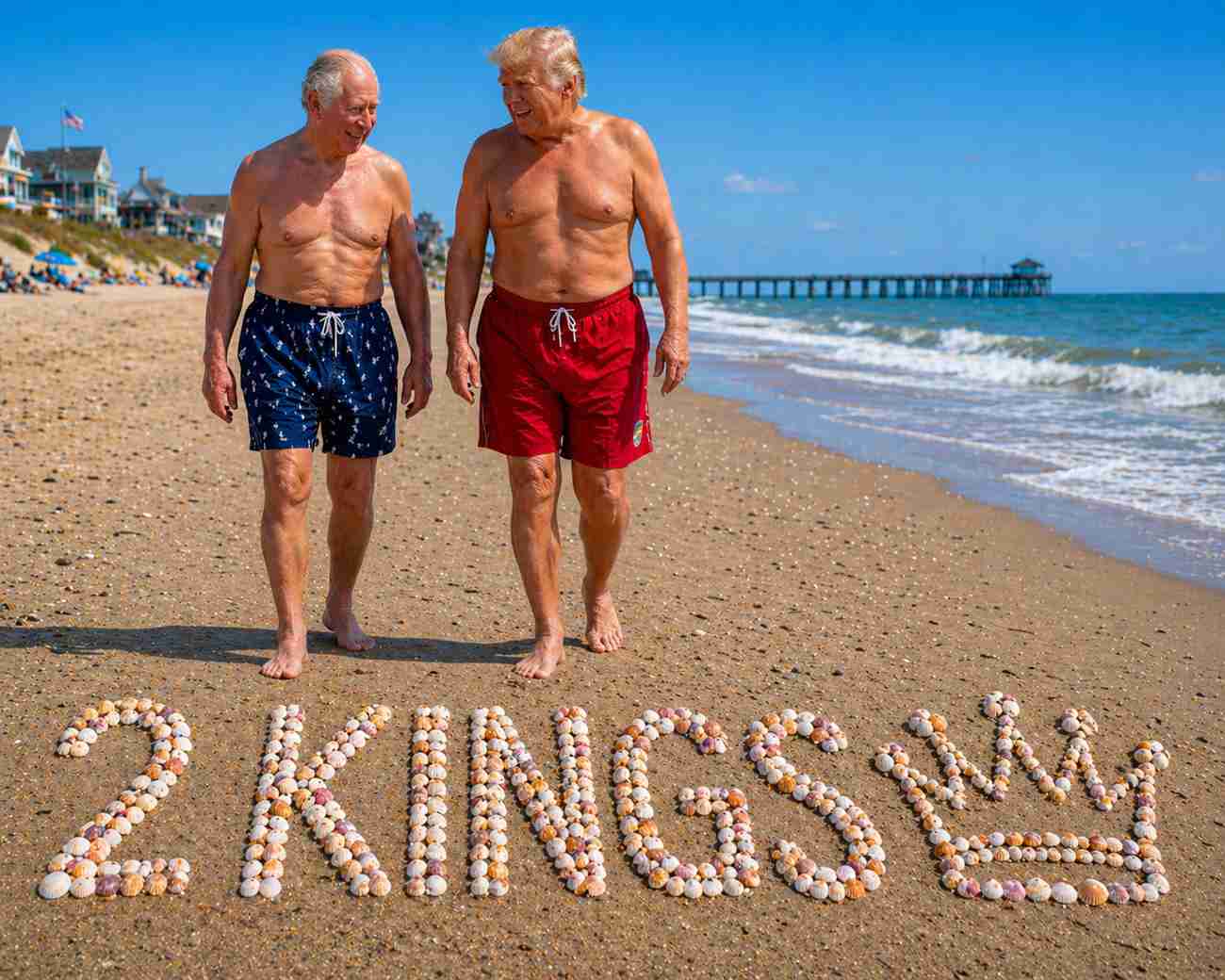 AI illustration of Donald Trump and King Charles walking on the beach