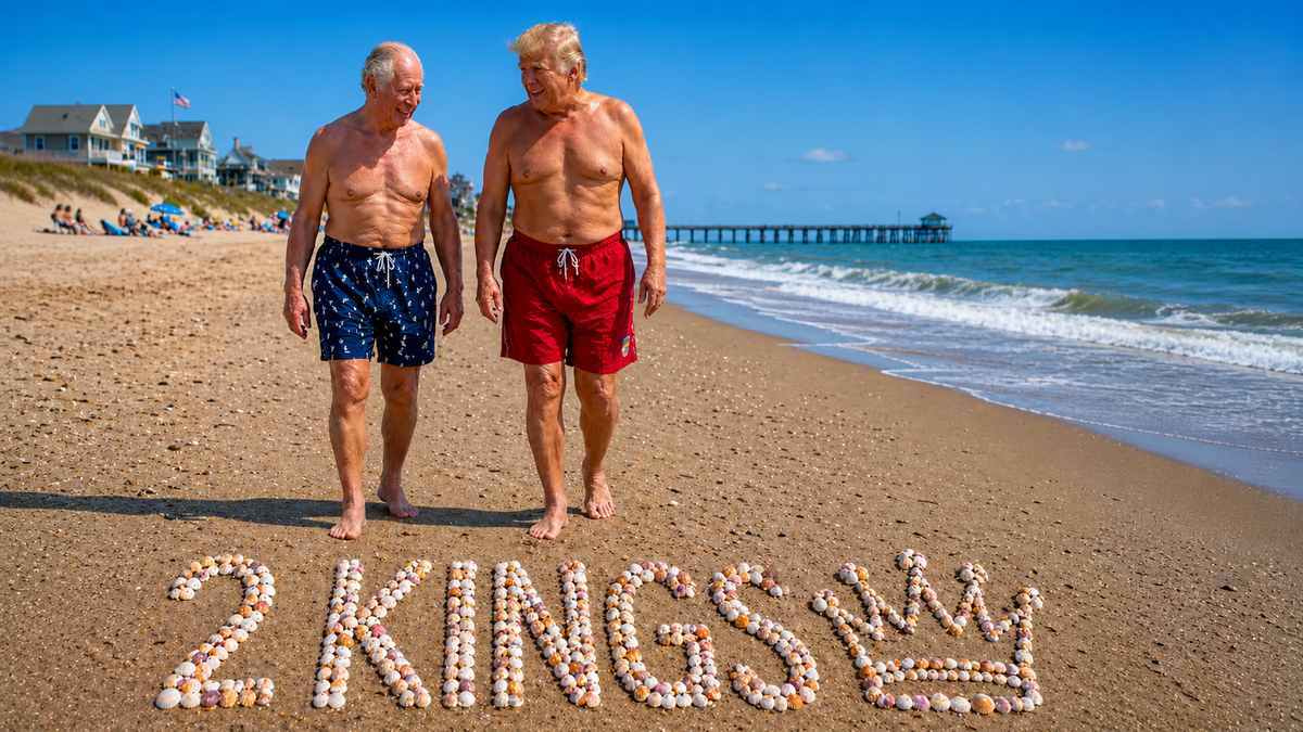 AI illustration of President Trump and King Charles III walking on the beach