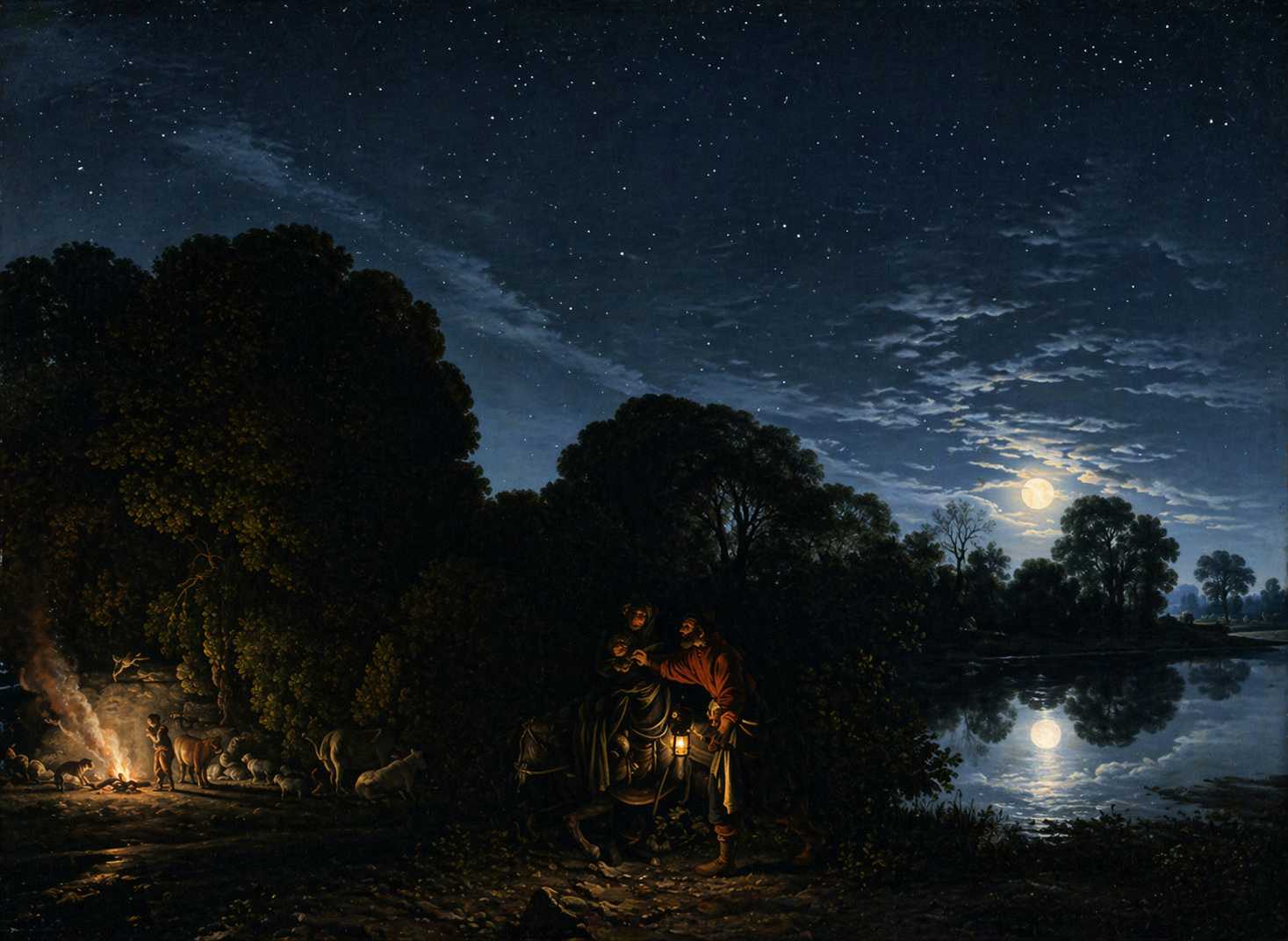 AI illustration inspired by Adam Elsheimer's 1609 painting The Flight into Egypt