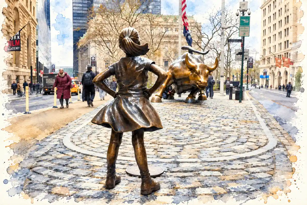 Bronze Fearless Girl statue, hands on hips, facing the Charging Bull on cobblestones in Manhattan's Financial District