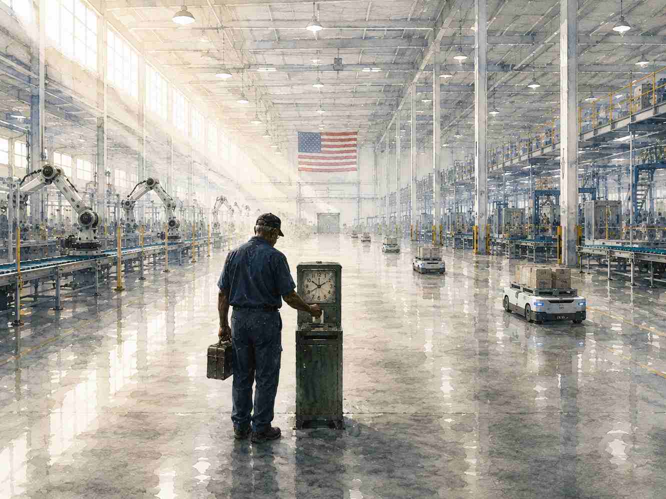 AI-generated illustration for a Labor Day essay on artificial intelligence and the future of work, linking the 1886 eight-hour-day strikes to today's automated workplace.