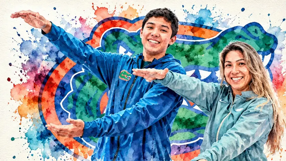 Watercolor-style image of a smiling teen in a blue Florida jacket and a smiling woman, arms outstretched, before a gator logo