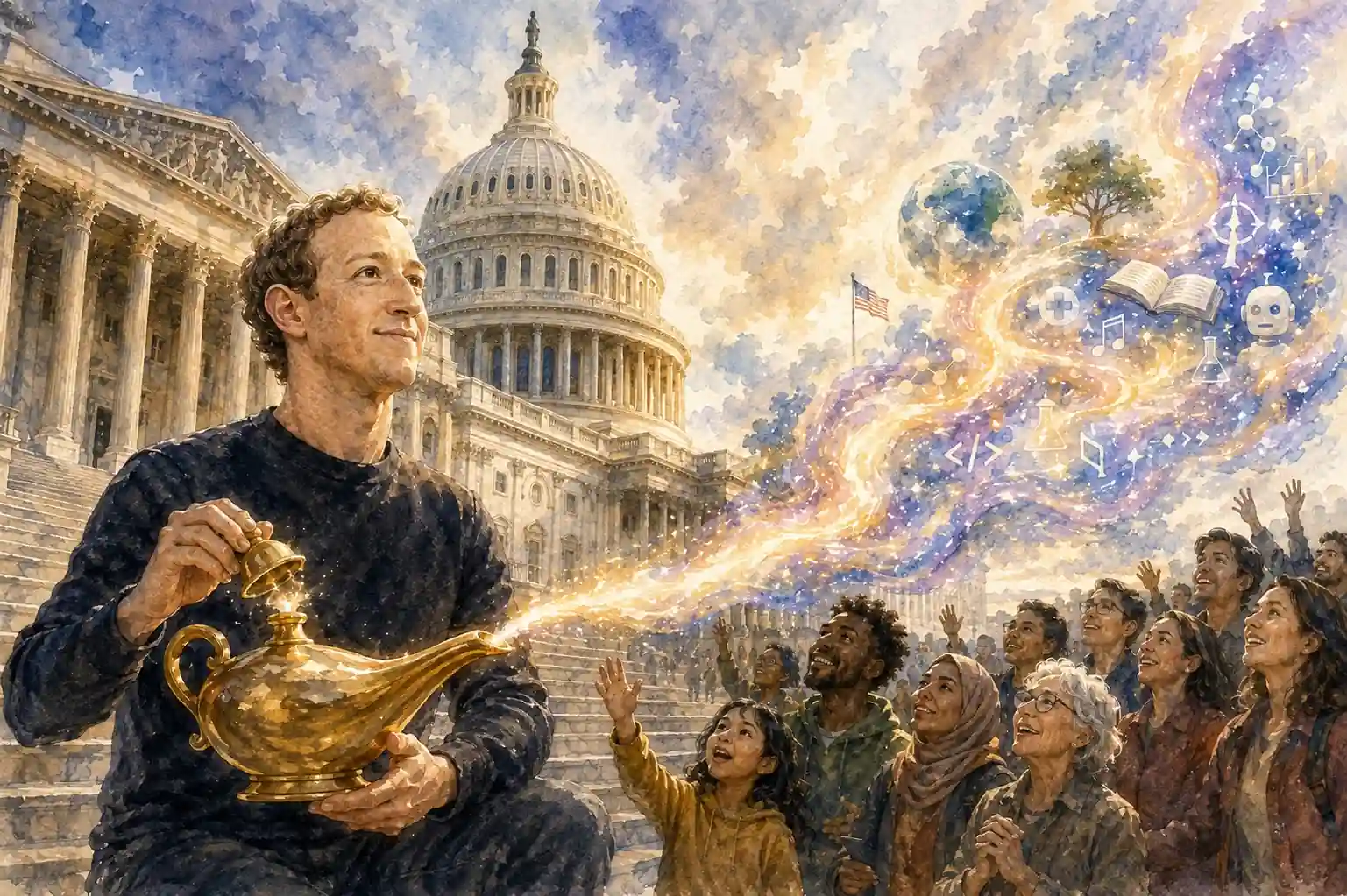 AI illustration of Mark Zuckerberg in front of the United States Capitol