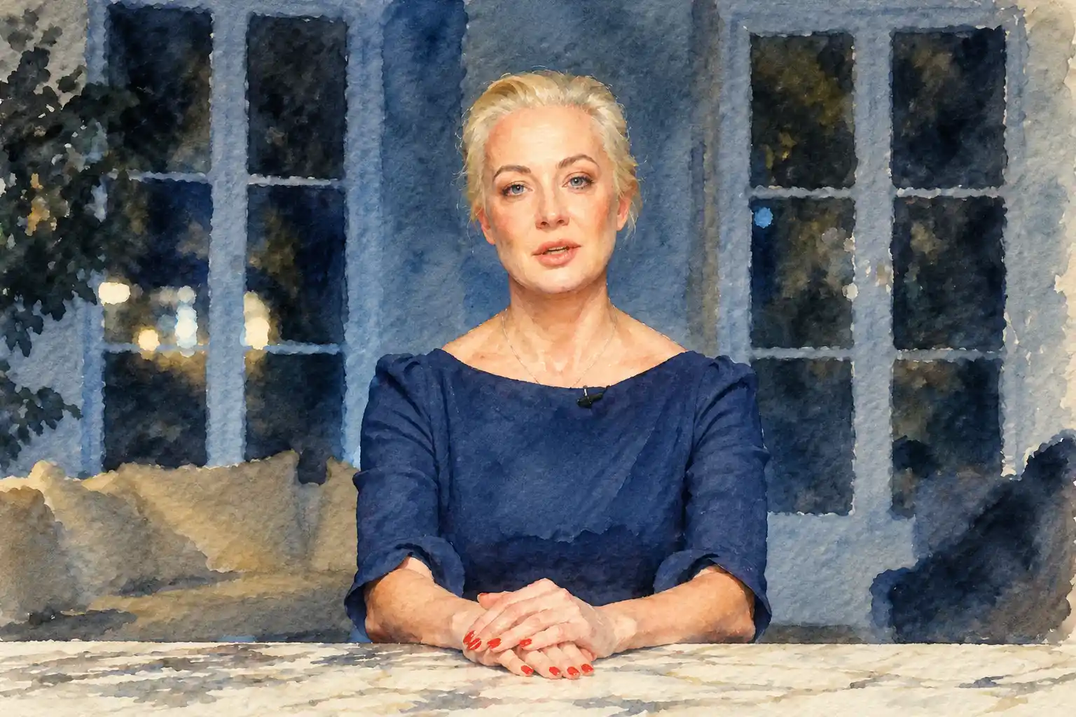 Watercolor-style portrait of Yulia Navalnaya in a navy blue top, hands clasped, seated before tall paned windows at night